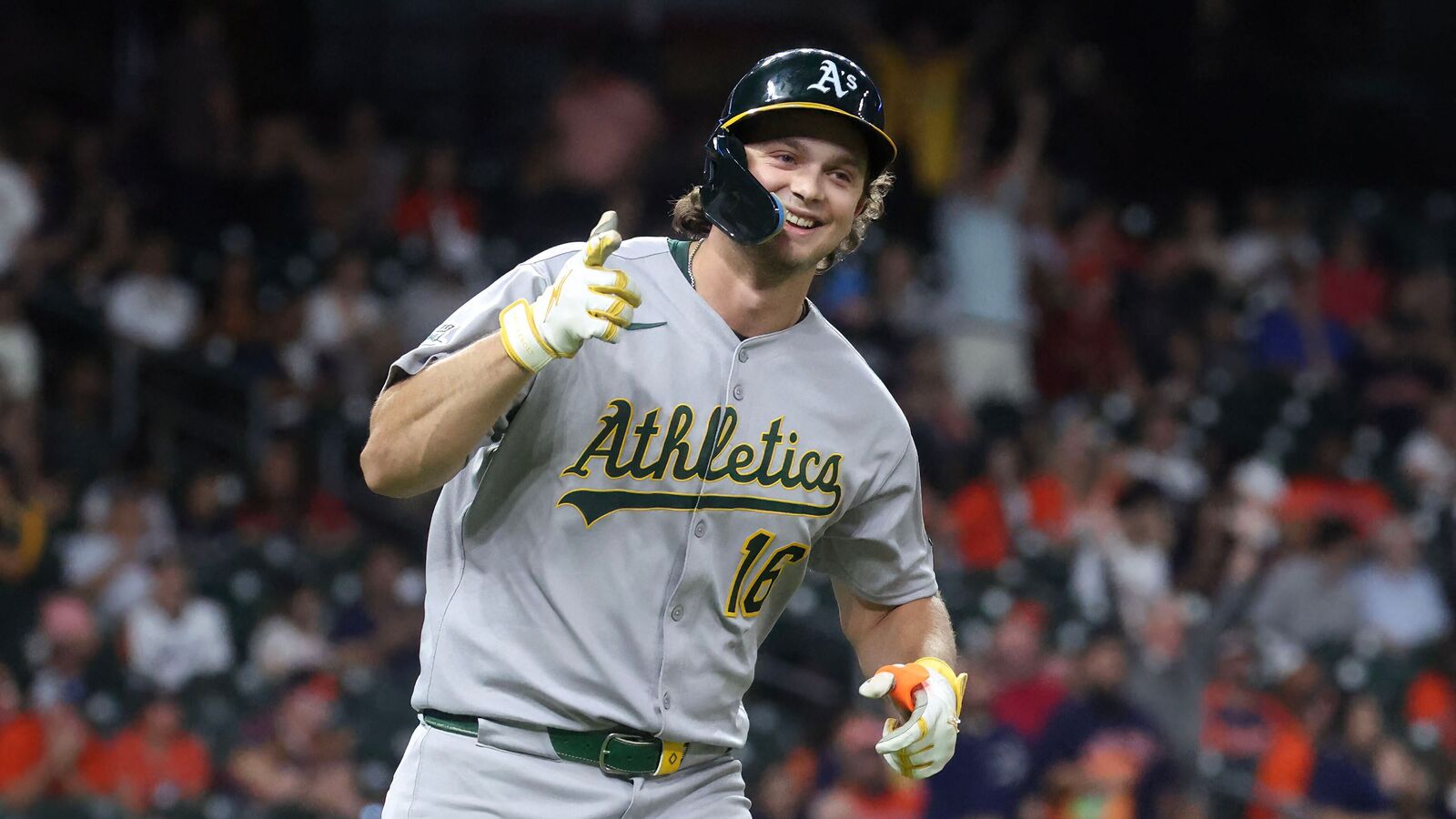 Athletics designated hitter Nick Kurtz (16) celebrates after hitting his fourth home run of the game during the ninth inning against the Houston Astros at Daikin Park.