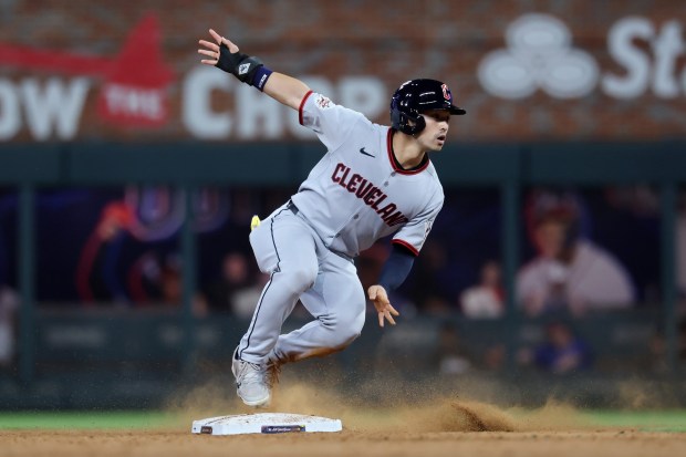 Steven Kwan #38 of the Cleveland Guardians steals second base during the ninth inning of the MLB All-Star Game at Truist Park on July 15, 2025 in Atlanta, Georgia. (Photo by Kevin C. Cox/Getty Images)