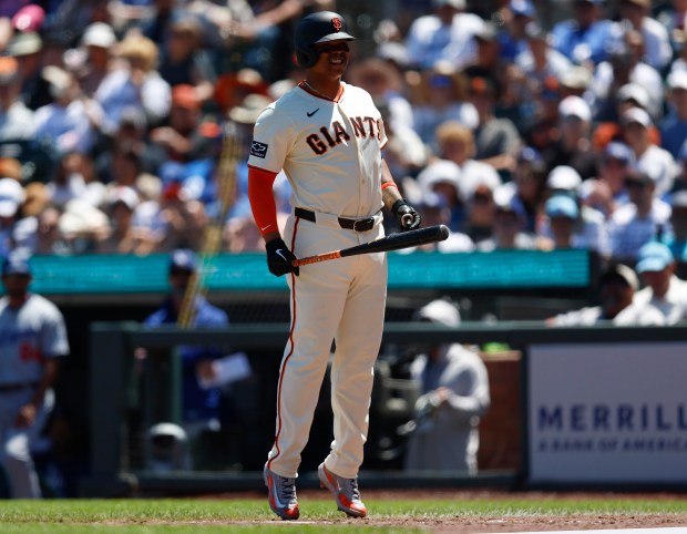 San Francisco Giants’ Rafael Devers (16) reacts to a strike...