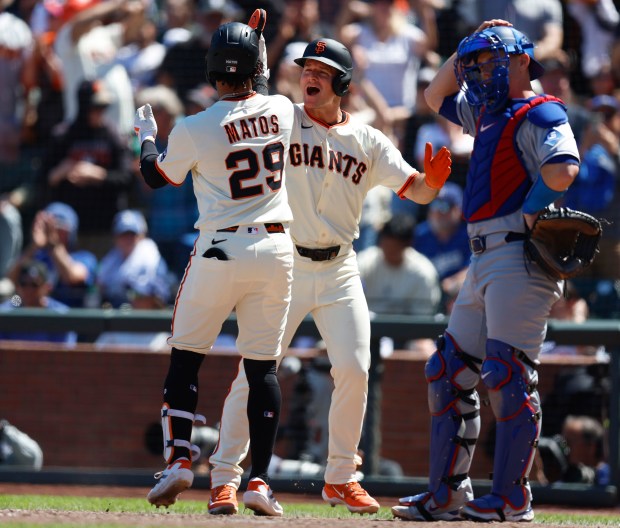 San Francisco Giants’ Luis Matos (29) celebrates his two-run home...