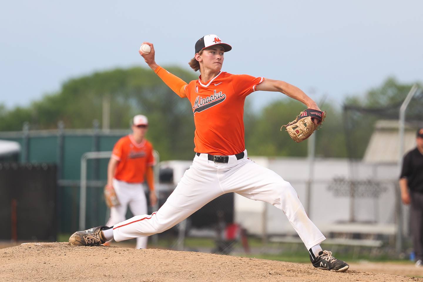 Minooka’s CJ Deckinga delivers a pitch against Plainfield North on Thursday, May 2, 2024 in Minooka.