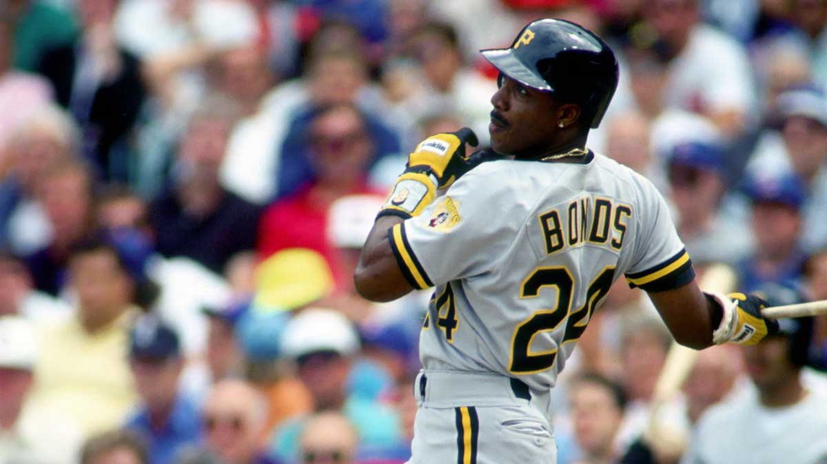 Barry Bonds of the Pittsburgh Pirates in action against the Chicago Cubs at Wrigley Field. 