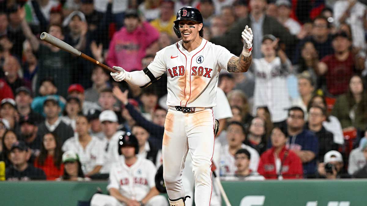 Boston Red Sox outfielder Jarren Duran (16) reacts after striking out against the Los Angeles Angels during the eighth inning at Fenway Park.