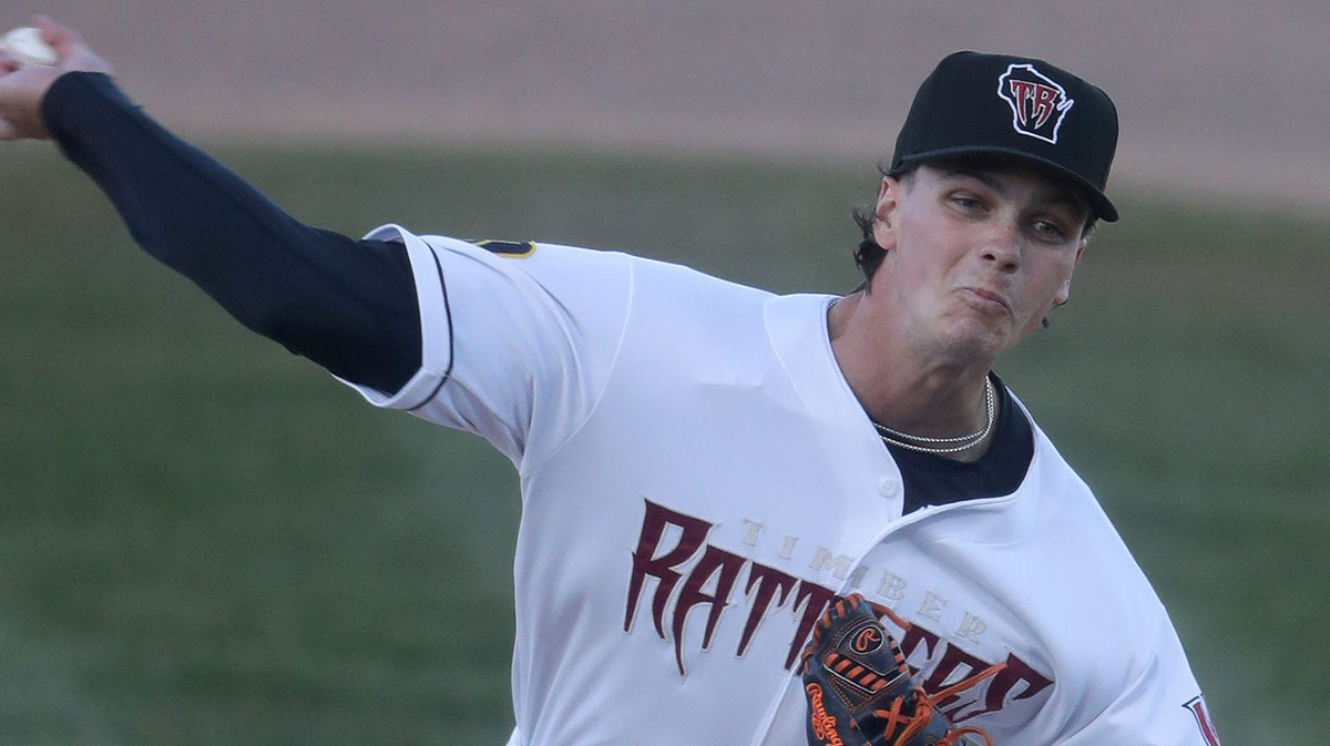 The Wisconsin Timber Rattlers’ starting pitcher Brett Wichrowski (15) against the Peoria Chiefs during their home opener.