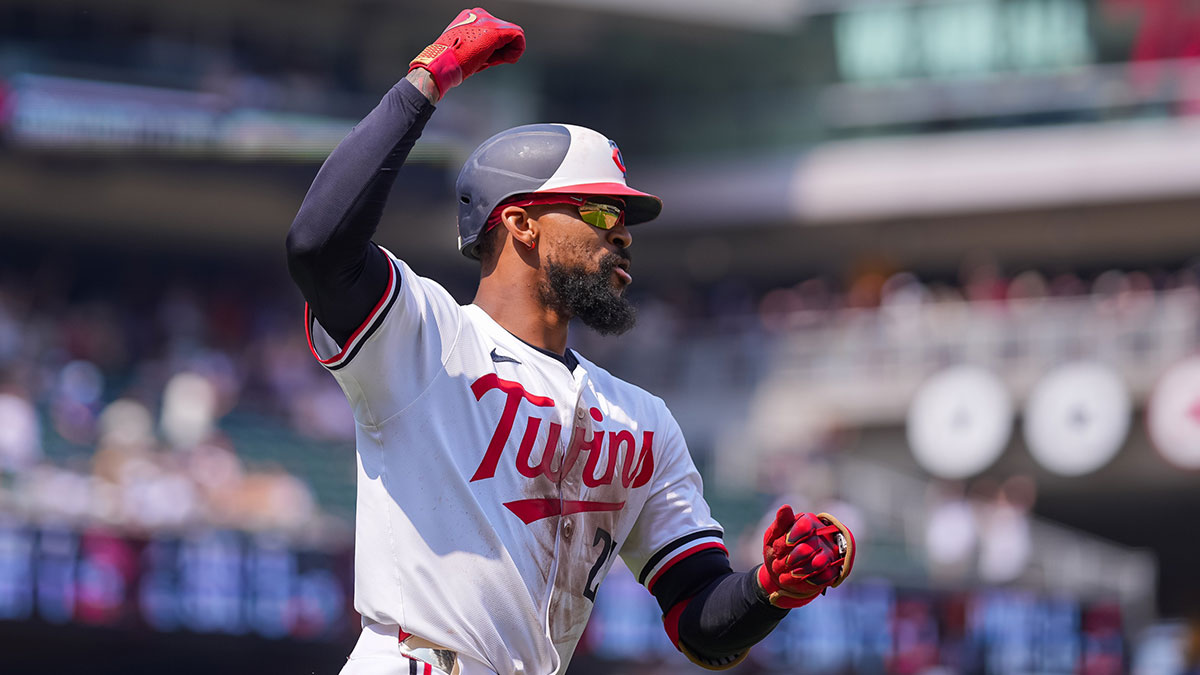 Jul 12, 2025; Minneapolis, Minnesota, USA; Minnesota Twins outfielder Byron Buxton (25) celebrates his home run for the cycle against the Pittsburgh Pirates in the seventh inning at Target Field. 