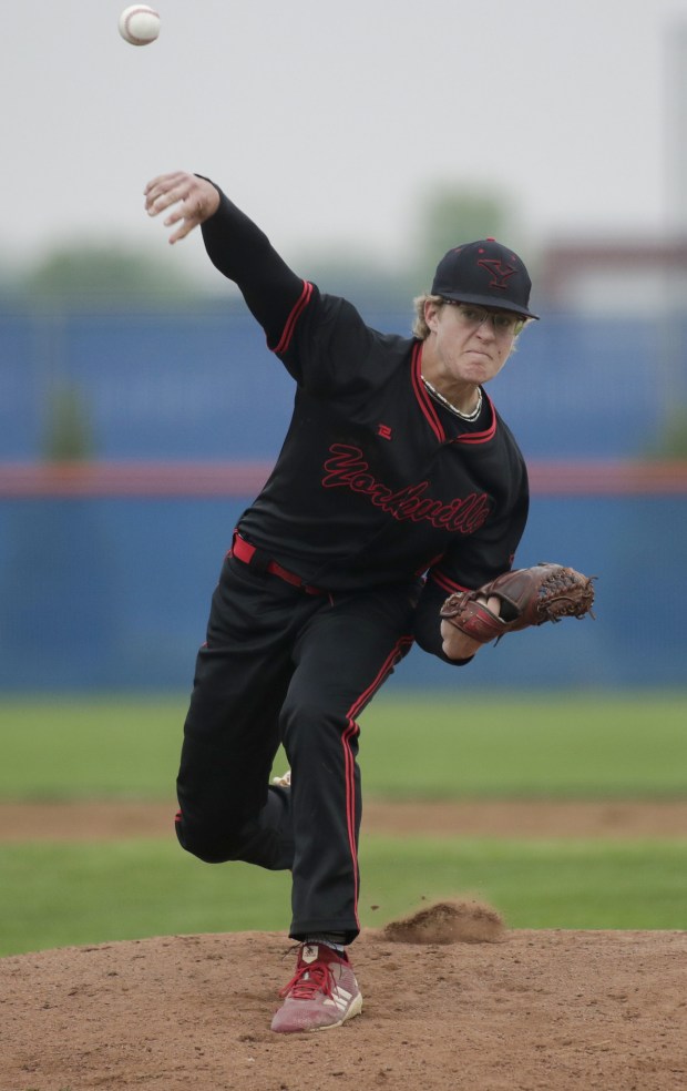 Yorkville's Michael Hilker pitches against Oswego during a Southwest Prairie Conference game in Oswego on Wednesday, May 18, 2022.