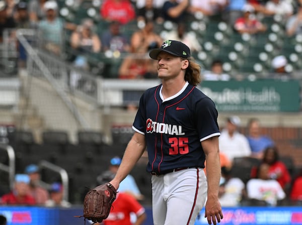 National League pitcher Hayden Harris (35) reacts during the fourth inning of the All-Star Futures Game at Truist Park, Saturday, July 12, 2025, in Atlanta. National League won 4-2 over American League. (Hyosub Shin / AJC)