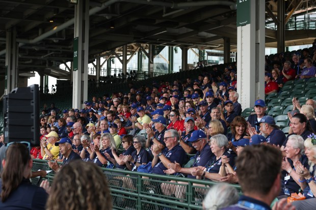 Cubs stadium workers gather for a monthly meeting before a game against the Red Sox on July 19, 2025, at Wrigley Field. (John J. Kim/Chicago Tribune)