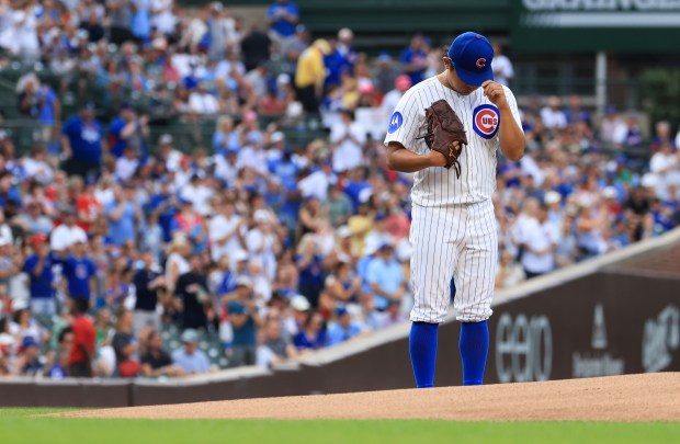 Cubs starter Shota Imanaga prepares before taking the mound for a game against the Red Sox on July 19, 2025, at Wrigley Field. (John J. Kim/Chicago Tribune)
