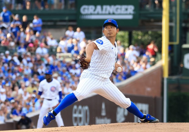 Cubs starter Shota Imanaga delivers in the first inning against the Red Sox on Saturday, July 19, 2025, at Wrigley Field. (John J. Kim/Chicago Tribune)