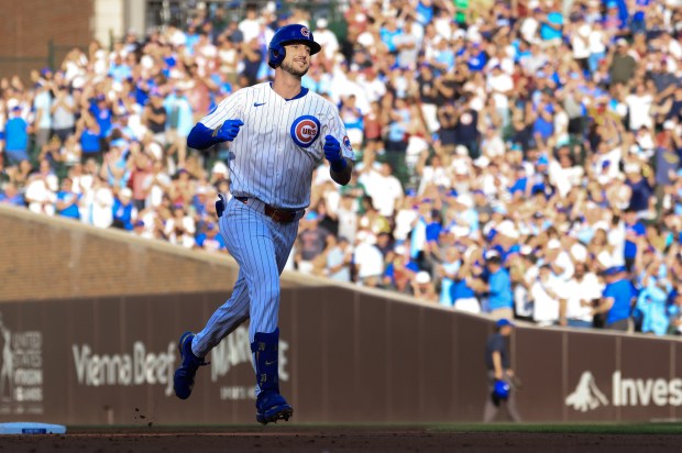 Cubs right fielder Kyle Tucker rounds the bases after hitting a home run against the Red Sox in the first inning on July 19, 2025, at Wrigley Field. (John J. Kim/Chicago Tribune)