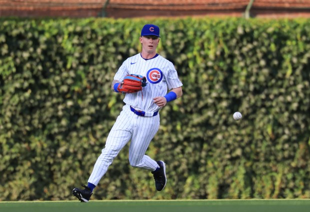 Cubs center fielder Pete Crow-Armstrong catches up to a ball hit for a single by Red Sox first baseman Abraham Toro in the second inning on July 19, 2025, at Wrigley Field. (John J. Kim/Chicago Tribune)