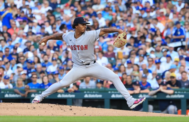 Red Sox starter Brayan Bello delivers against the Cubs in the second inning on July 19, 2025, at Wrigley Field. (John J. Kim/Chicago Tribune)