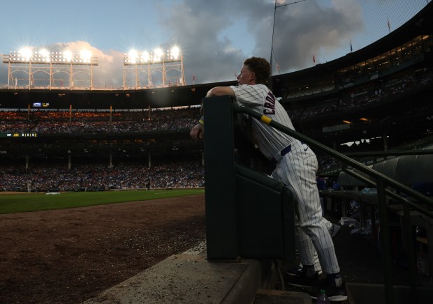 Cubs center fielder Pete Crow-Armstrong watches the end of the sixth inning against the Red Sox on July 19, 2025, at Wrigley Field. (John J. Kim/Chicago Tribune)
