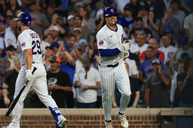 Cubs pinch hitter Matt Shaw heads to the dugout after hitting a home run in the seventh inning against the Red Sox on July 19, 2025, at Wrigley Field. (John J. Kim/Chicago Tribune)