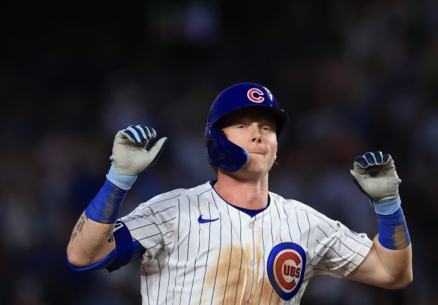 Cubs center fielder Pete Crow-Armstrong rounds the bases after hitting a home run in the eighth inning against the Red Sox on July 19, 2025, at Wrigley Field. (John J. Kim/Chicago Tribune)