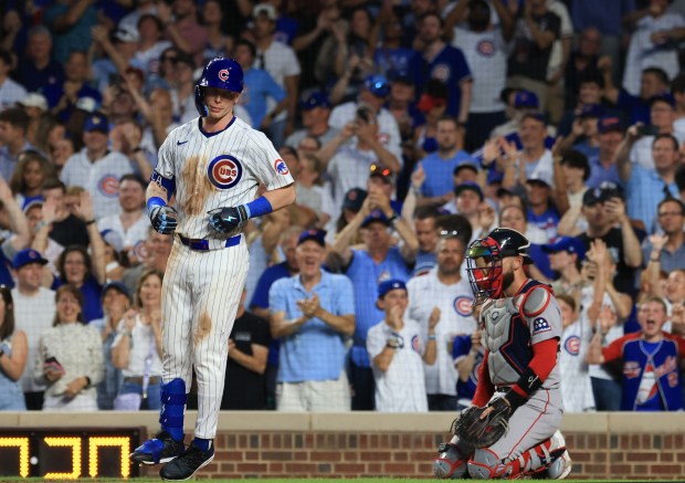 Cubs center fielder Pete Crow-Armstrong crosses the plate after hitting a home run in the eighth inning against the Red Sox on July 19, 2025, at Wrigley Field. (John J. Kim/Chicago Tribune)