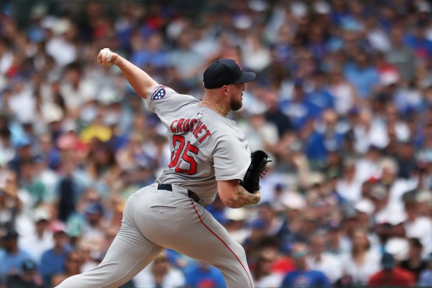 Red Sox starter Garrett Crochet pitches in the second inning against the Cubs on Sunday, July 20, 2025, at Wrigley Field. (Eileen T. Meslar/Chicago Tribune)