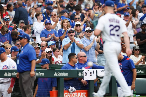 Chicago Cubs pitcher Cade Horton (22) walks to the dugout after being taken out in the sixth inning against the Boston Red Sox at Wrigley Field on Sunday, July 20, 2025. (Eileen T. Meslar/Chicago Tribune)