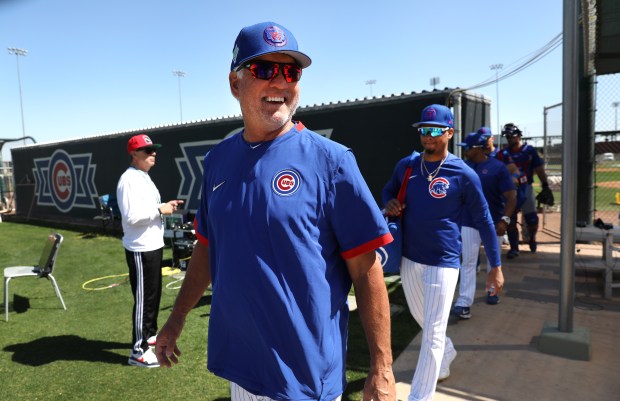 Former Chicago Cubs player Ryne Sandberg has a laugh during spring training at Sloan Park in Mesa, Arizona on Wednesday, March 16, 2022. (Chris Sweda/Chicago Tribune)