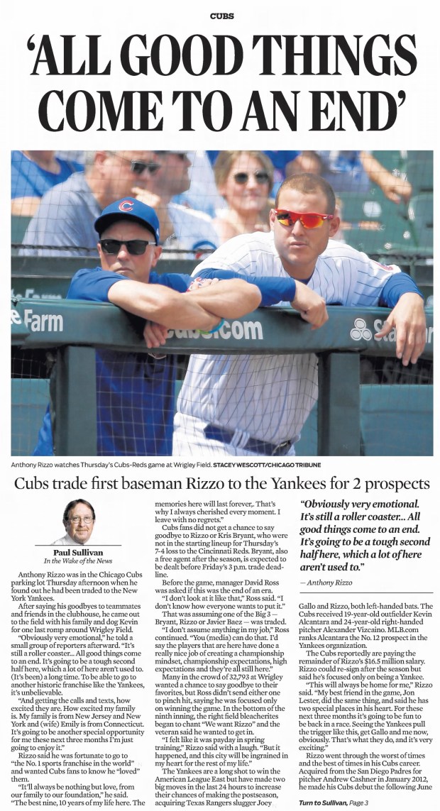 Chicago Cubs first baseman Anthony Rizzo was traded to the New York Yankees on July 29, 2021, in exchange for two prospects. (Chicago Tribune)