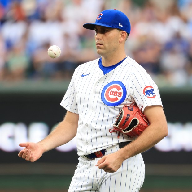 Cubs starting pitcher Matthew Boyd waits on the mound during a video review in the second inning against the Cardinals at Wrigley Field on July 6, 2025, in Chicago. (John J. Kim/Chicago Tribune)