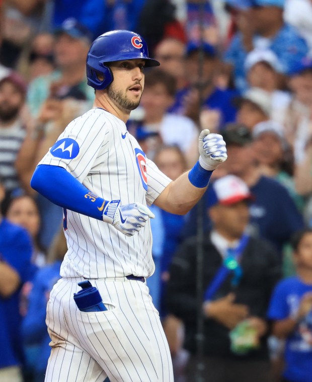 Cubs left fielder Kyle Tucker gestures to teammates after hitting a two-run single in the second inning against the Cardinals at Wrigley Field on July 6, 2025, in Chicago. (John J. Kim/Chicago Tribune)