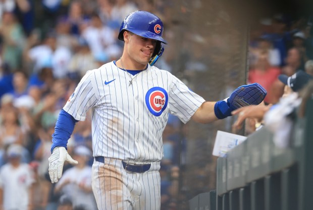 Cubs third baseman Matt Shaw heads to the dugout after scoring on a two-run single from left fielder Kyle Tucker in the second inning against the Cardinals at Wrigley Field on July 6, 2025, in Chicago. (John J. Kim/Chicago Tribune)