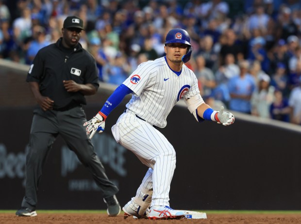 Cubs designated hitter Seiya Suzuki stops after hitting an RBI double in the third inning against the Cardinals at Wrigley Field on July 6, 2025, in Chicago. (John J. Kim/Chicago Tribune)