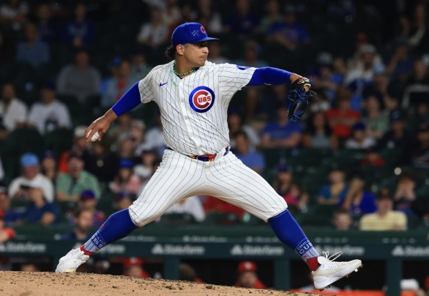 Cubs pitcher Daniel Palencia throws in the ninth inning against the Cardinals at Wrigley Field on July 6, 2025, in Chicago. (John J. Kim/Chicago Tribune)
