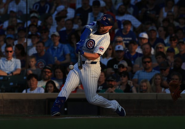 Cubs first baseman Michael Busch strikes out swinging in the second inning against the Guardians at Wrigley Field on July 3, 2025, in Chicago. (John J. Kim/Chicago Tribune)