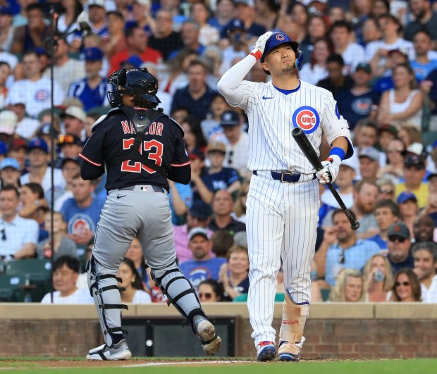 Cubs right fielder Seiya Suzuki heads to the dugout after striking out swinging in the third inning against the Guardians at Wrigley Field on July 3, 2025, in Chicago. (John J. Kim/Chicago Tribune)