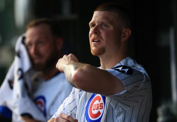 Cubs starting pitcher Cade Horton adjusts his uniform in the dugout after throwing the fourth inning against the Guardians at Wrigley Field on July 3, 2025, in Chicago. (John J. Kim/Chicago Tribune)