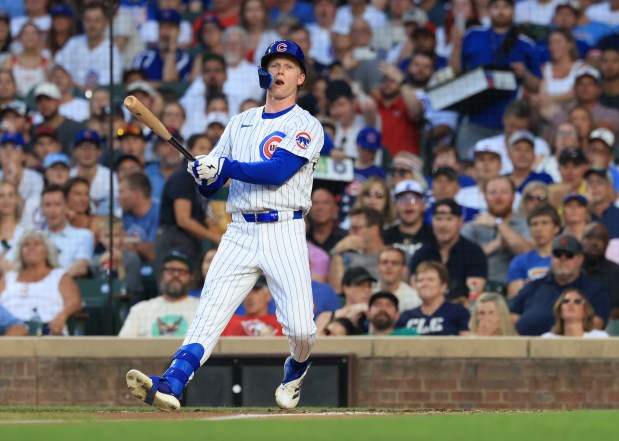 Cubs center fielder Pete Crow-Armstrong fouls off a pitch in the fourth inning against the Guardians at Wrigley Field on July 3, 2025, in Chicago. (John J. Kim/Chicago Tribune)