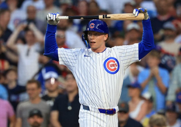 Cubs center fielder Pete Crow-Armstrong heads to the dugout after striking out in the fourth inning against the Guardians at Wrigley Field on July 3, 2025, in Chicago. (John J. Kim/Chicago Tribune)