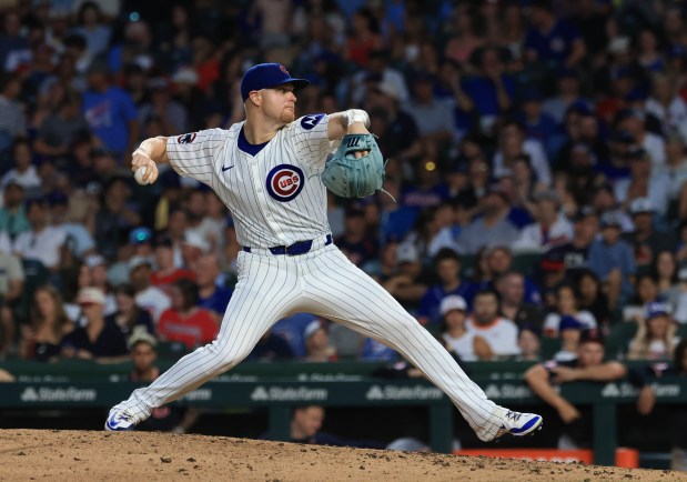 Cubs starting pitcher Cade Horton throws in the sixth inning against the Guardians at Wrigley Field on July 3, 2025, in Chicago. (John J. Kim/Chicago Tribune)
