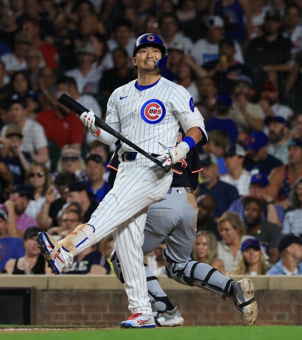 Cubs right fielder Seiya Suzuki grimaces after striking out swinging in the sixth inning against the Guardians at Wrigley Field on July 3, 2025, in Chicago. (John J. Kim/Chicago Tribune)