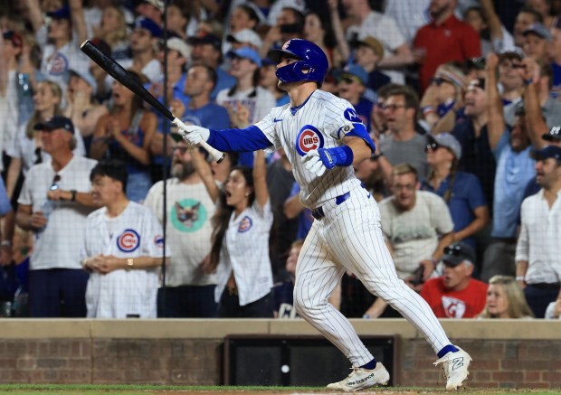Cubs third baseman Matt Shaw holds onto his bat after hitting a game-winning RBI sacrifice fly ball for a 1-0 win over the Guardians in ten innings at Wrigley Field on July 3, 2025, in Chicago. (John J. Kim/Chicago Tribune)