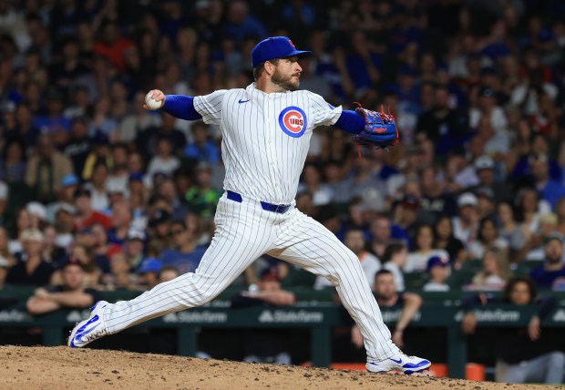 Cubs pitcher Ryan Brasier throws in the eighth inning against the Guardians at Wrigley Field on July 3, 2025, in Chicago. (John J. Kim/Chicago Tribune)