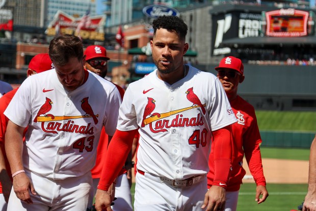Willson Contreras of the Cardinals returns to the dugout at the conclusion of the game against the Cubs on Thursday, June 26, 2025, in St Louis. (Scott Kane/Getty Images)