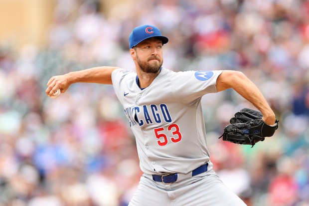 Cubs starter Colin Rea pitches against the Twins in the first inning Thursday, July 10, 2025, in Minneapolis. (David Berding/Getty Images)