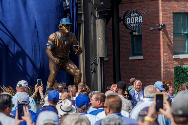 Former Cubs player Ryne Sandberg poses for a photo while attending a dedication ceremony for his statue outside Wrigley Field on June 23, 2024. (Armando L. Sanchez/Chicago Tribune)