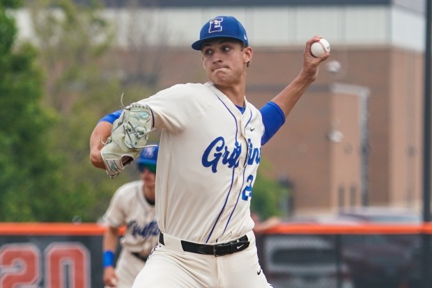 Lincoln-Way East's Jack Bauer (24) throws a pitch against Providence during a Lincoln-Way West Class 4A Sectional final game at Lincoln-Way West High School in New Lenox on Saturday, June 7, 2025. (Sean King / for The Daily Southtown)