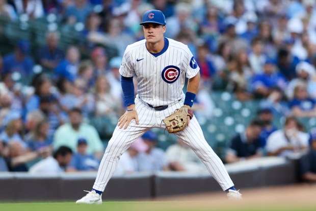 Cubs third baseman Matt Shaw stands on the field during an at-bat during the first inning against the Guardians on July 1, 2025, at Wrigley Field. (Armando L. Sanchez/Chicago Tribune)