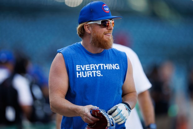 Chicago Cubs infielder Justin Turner (3) walks on the field before the Cubs play the Cleveland Guardians at Wrigley Field Tuesday July 1, 2025, in Chicago. (Armando L. Sanchez/Chicago Tribune)