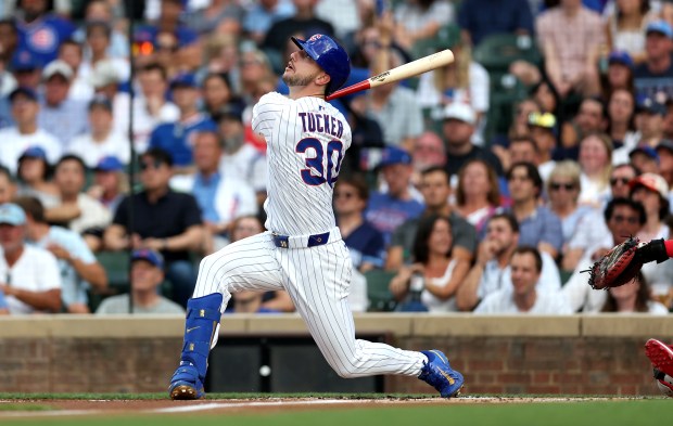 Chicago Cubs right fielder Kyle Tucker (30) flies out in the first inning of a game against the Cleveland Guardians at Wrigley Field in Chicago on July 2, 2025. (Chris Sweda/Chicago Tribune)