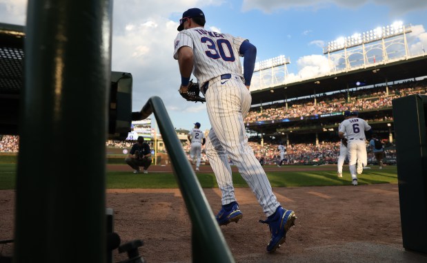 Chicago Cubs right fielder Kyle Tucker (30) takes the field for a game against the Cleveland Guardians at Wrigley Field in Chicago on July 2, 2025. (Chris Sweda/Chicago Tribune)