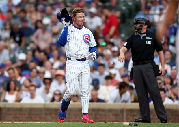 Chicago Cubs center fielder Pete Crow-Armstrong (4) takes off his helmet after striking out in the first inning of a game against the Cleveland Guardians at Wrigley Field in Chicago on July 2, 2025. (Chris Sweda/Chicago Tribune)