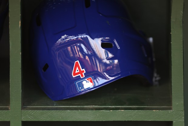 The helmet of Chicago Cubs center fielder Pete Crow-Armstrong is seen in the dugout before of a game against the Cleveland Guardians at Wrigley Field in Chicago on July 2, 2025. (Chris Sweda/Chicago Tribune)