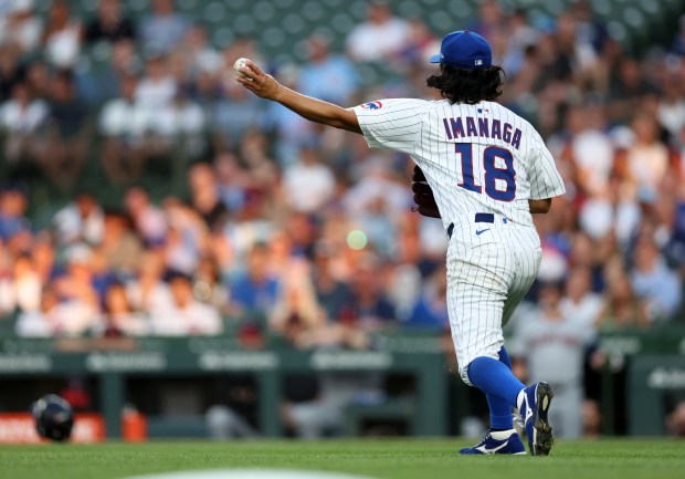 Chicago Cubs starting pitcher Shota Imanaga (18) throws to first base on an infield ground out in the third inning of a game against the Cleveland Guardians at Wrigley Field in Chicago on July 2, 2025. (Chris Sweda/Chicago Tribune)